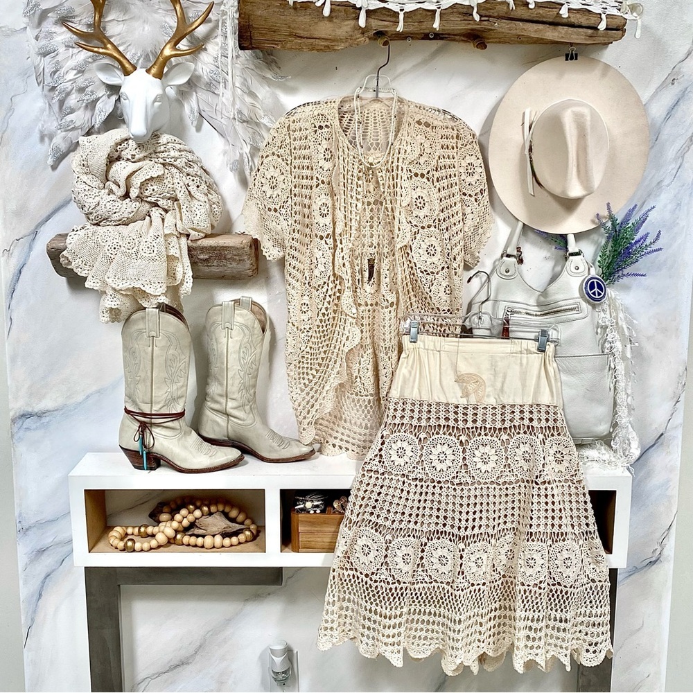 Stunning Artisan crochet boho set skirt/cardi shabby chic prairie vibe